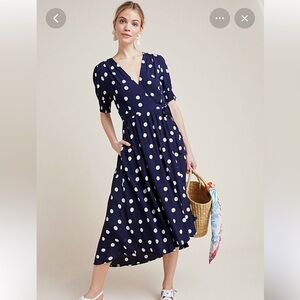 Anthropologie Navy and White Polka Dot Midi Dress